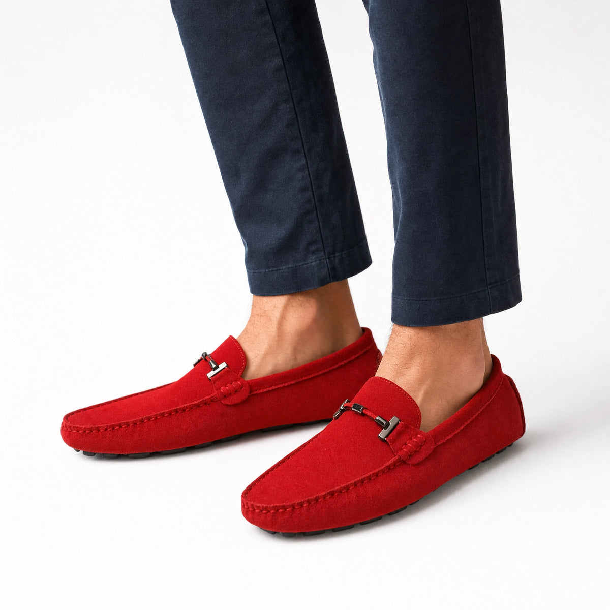 Red Suede Chain Pebbled Loafers