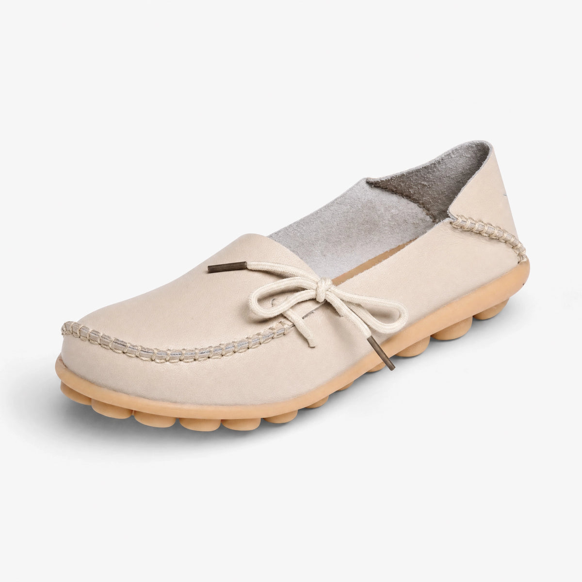 Beige Leather Bow Pebbled Loafers