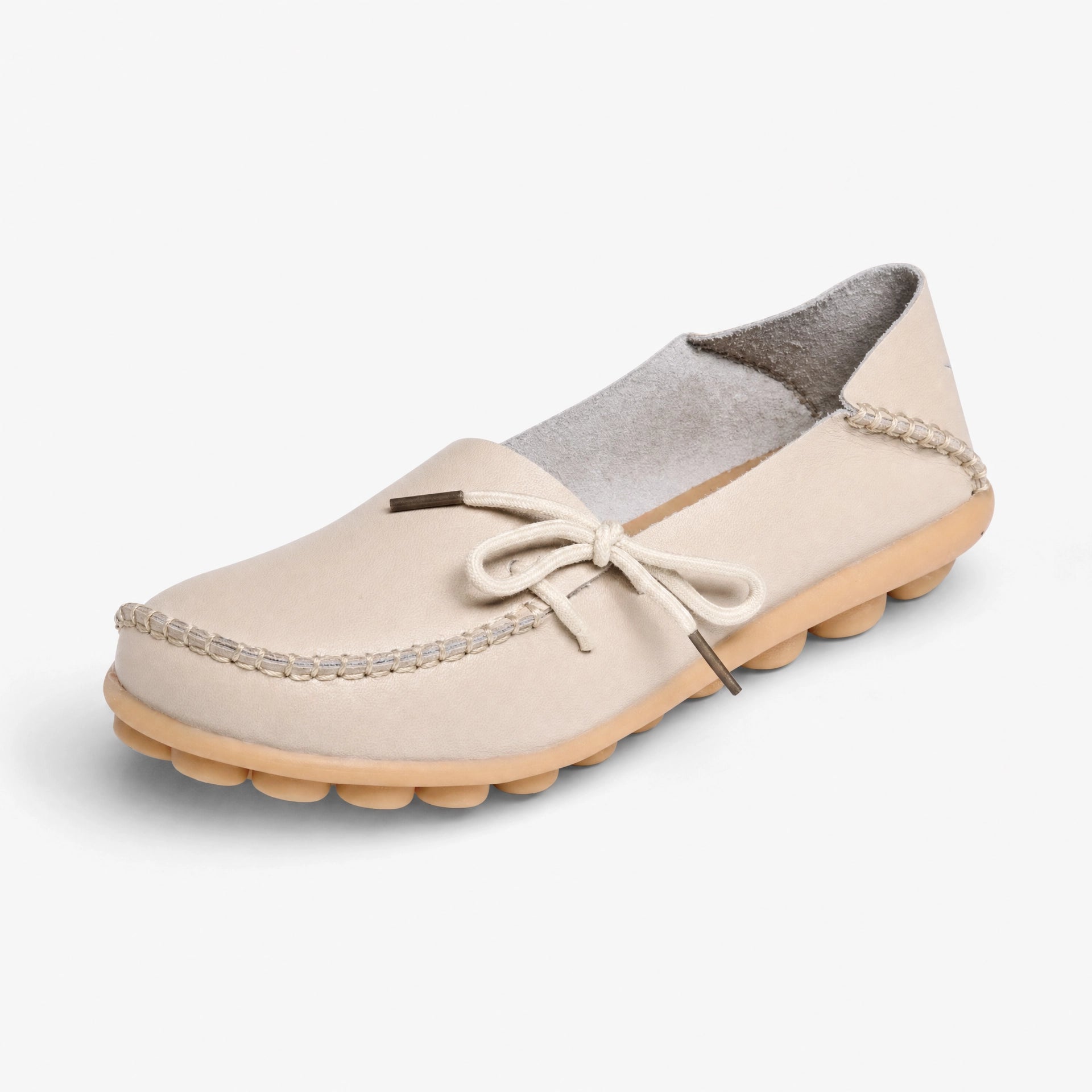 Beige Leather Bow Pebbled Loafers