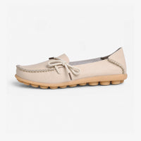 Beige Leather Bow Pebbled Loafers