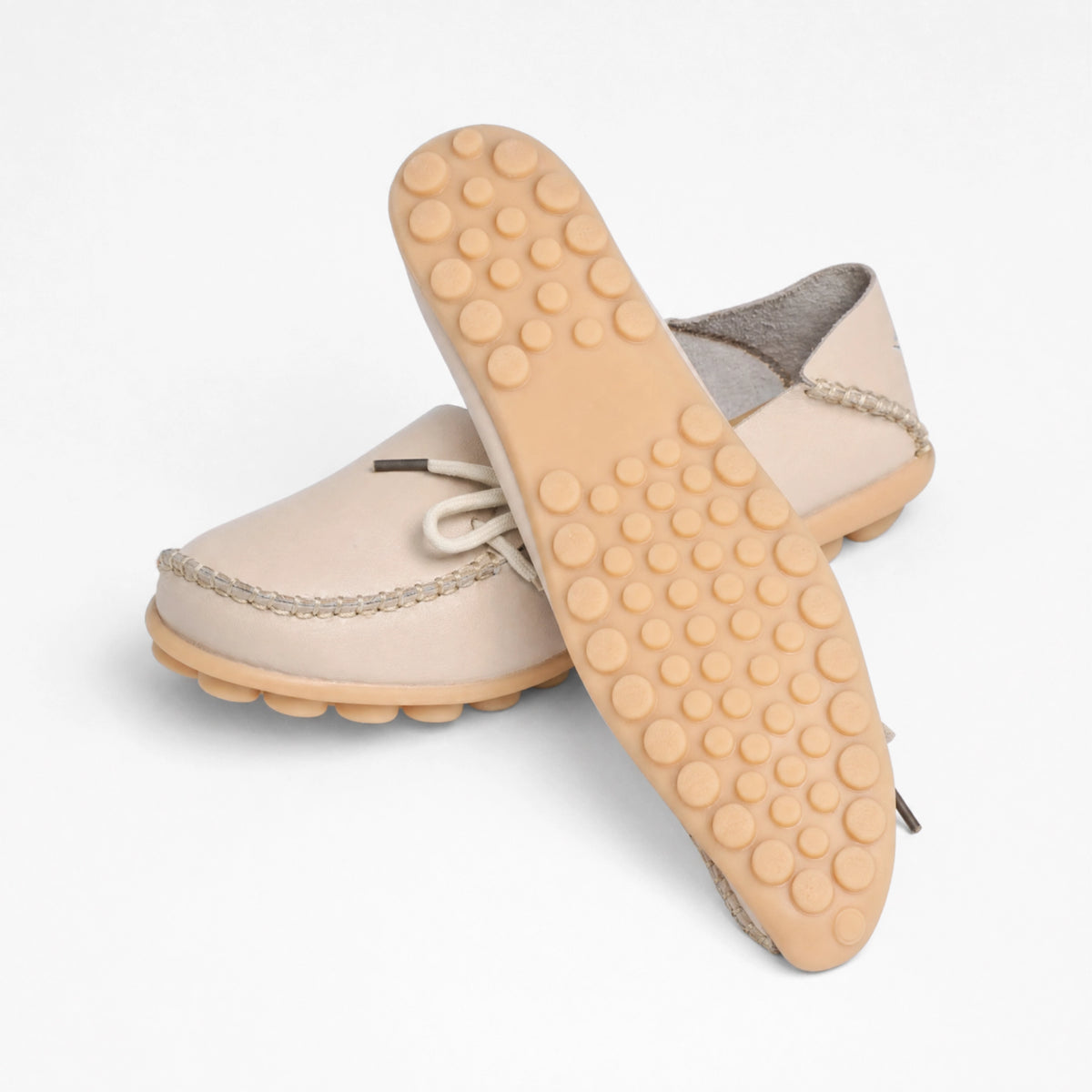 Beige Leather Bow Pebbled Loafers