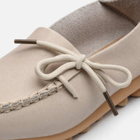 Beige Leather Bow Pebbled Loafers