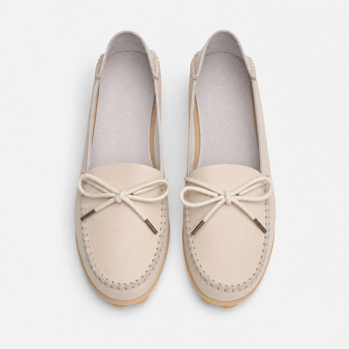 Beige Leather Bow Pebbled Loafers