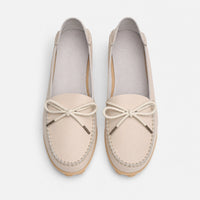 Beige Leather Bow Pebbled Loafers