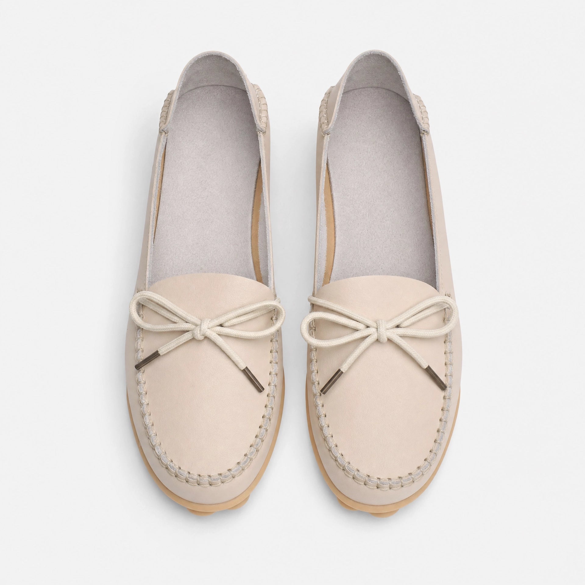 Beige Leather Bow Pebbled Loafers