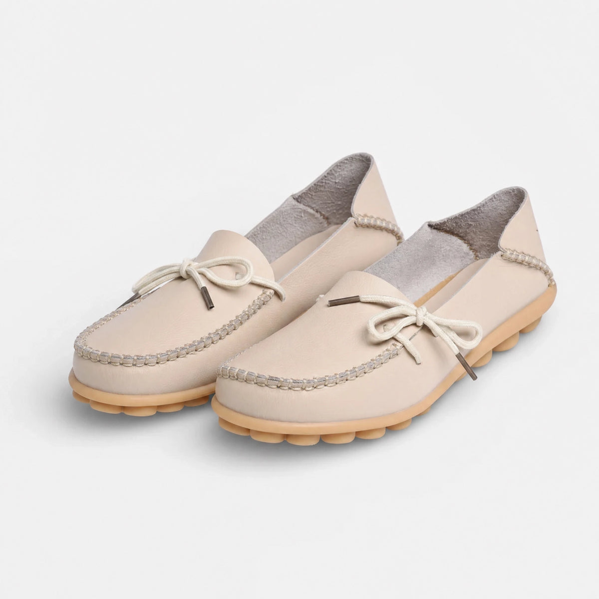 Beige Leather Bow Pebbled Loafers