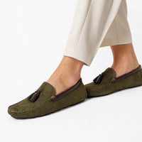 Khaki Suede Tassel Driving Loafers