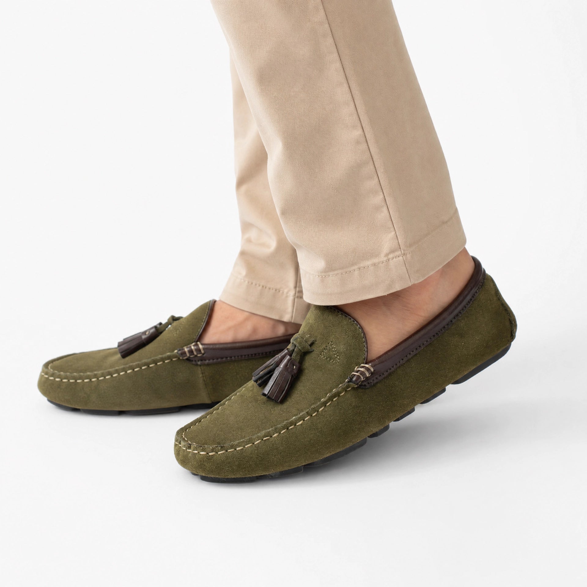 Khaki Suede Tassel Driving Loafers