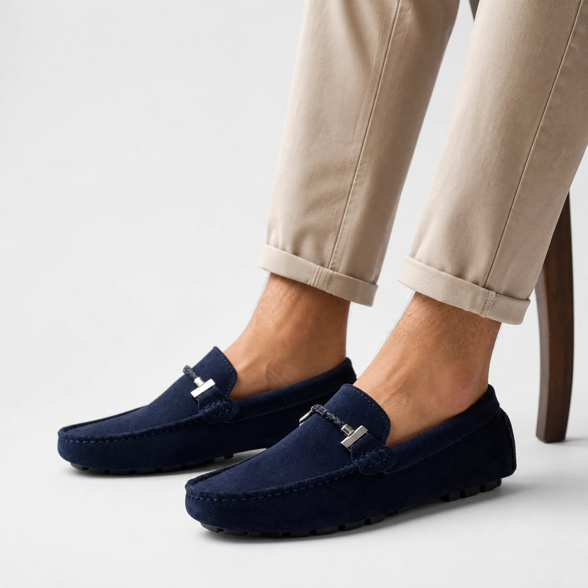 Navy Suede Chain Driving Loafers