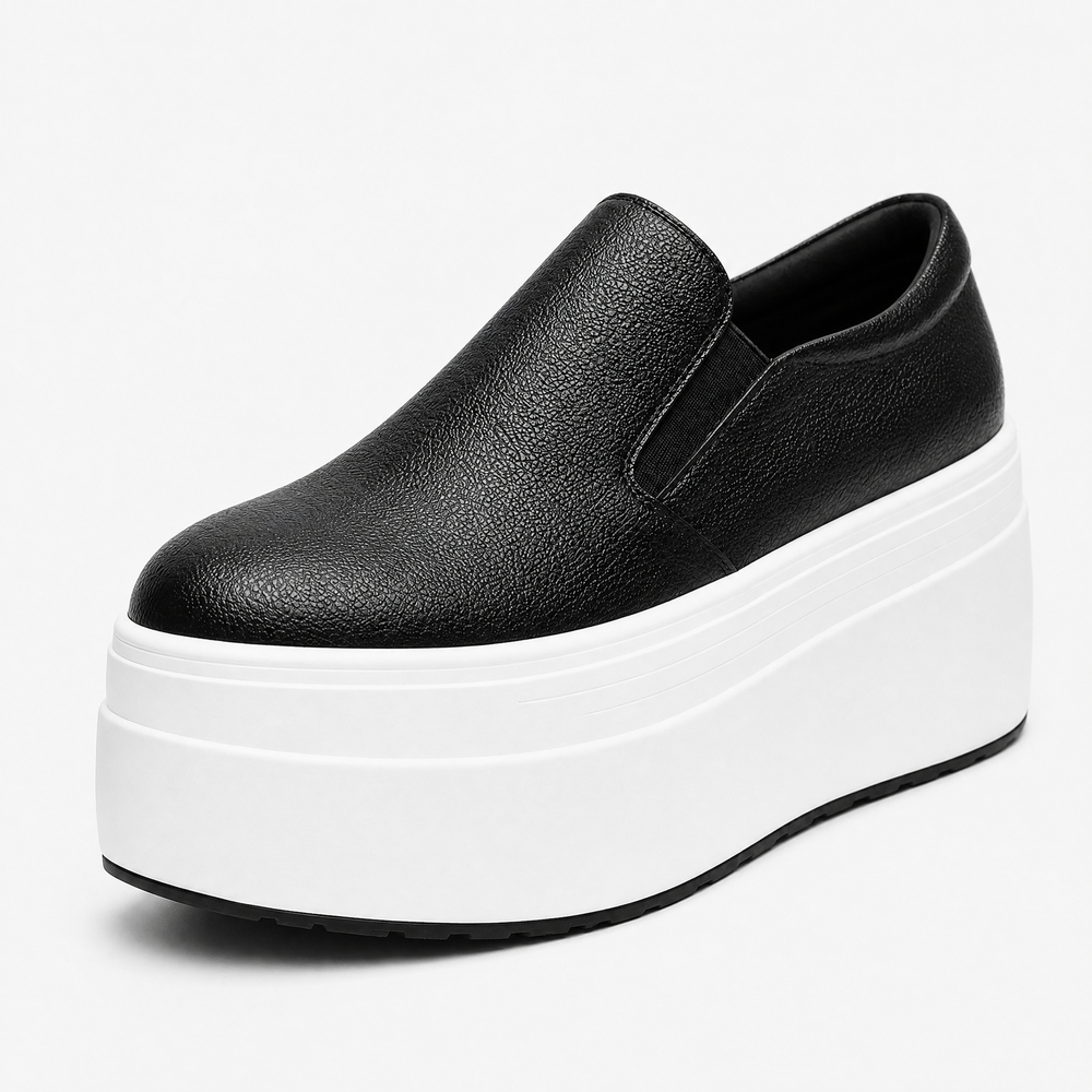 Women's Black Genuine Leather Platform Slip-On Loafers