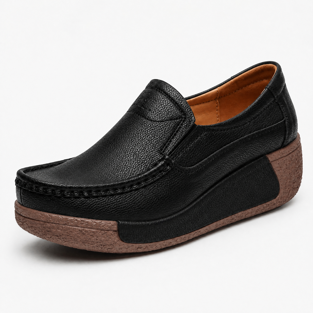 Women's Black Leather Wedge Loafers with Round Toe