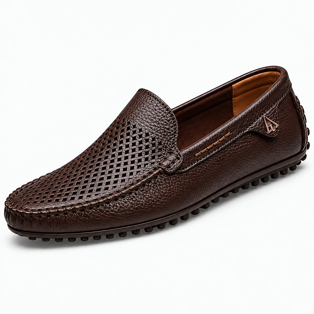 Men's Brown Leather Perforated Slip-On Driving Loafers