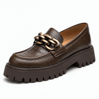 Women's Brown Croc-Embossed Leather Platform Chain Loafers