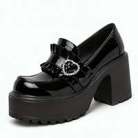 Women’s Black Lolita Platform Loafers with Rhinestone Heart Buckle