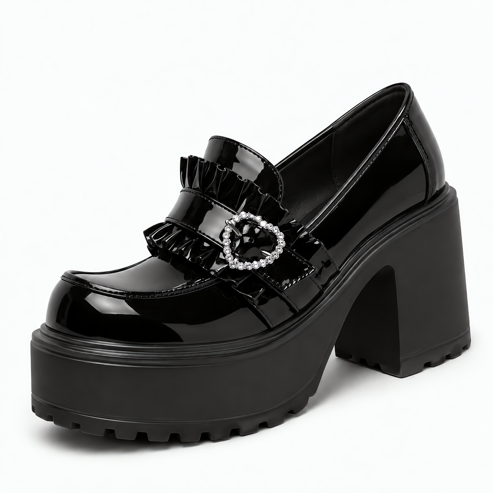 Women’s Black Lolita Platform Loafers with Rhinestone Heart Buckle