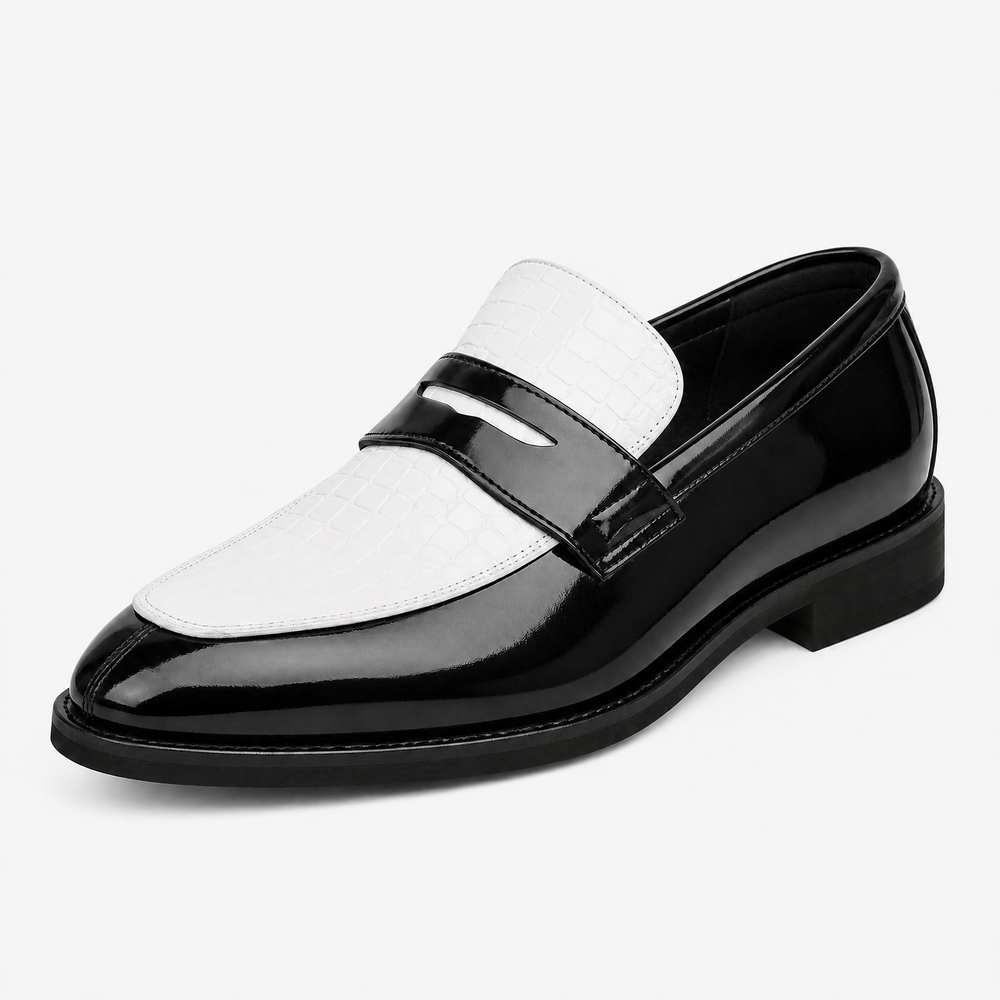 Men's Black & White Croc Pattern Mixed Leather Penny Loafers