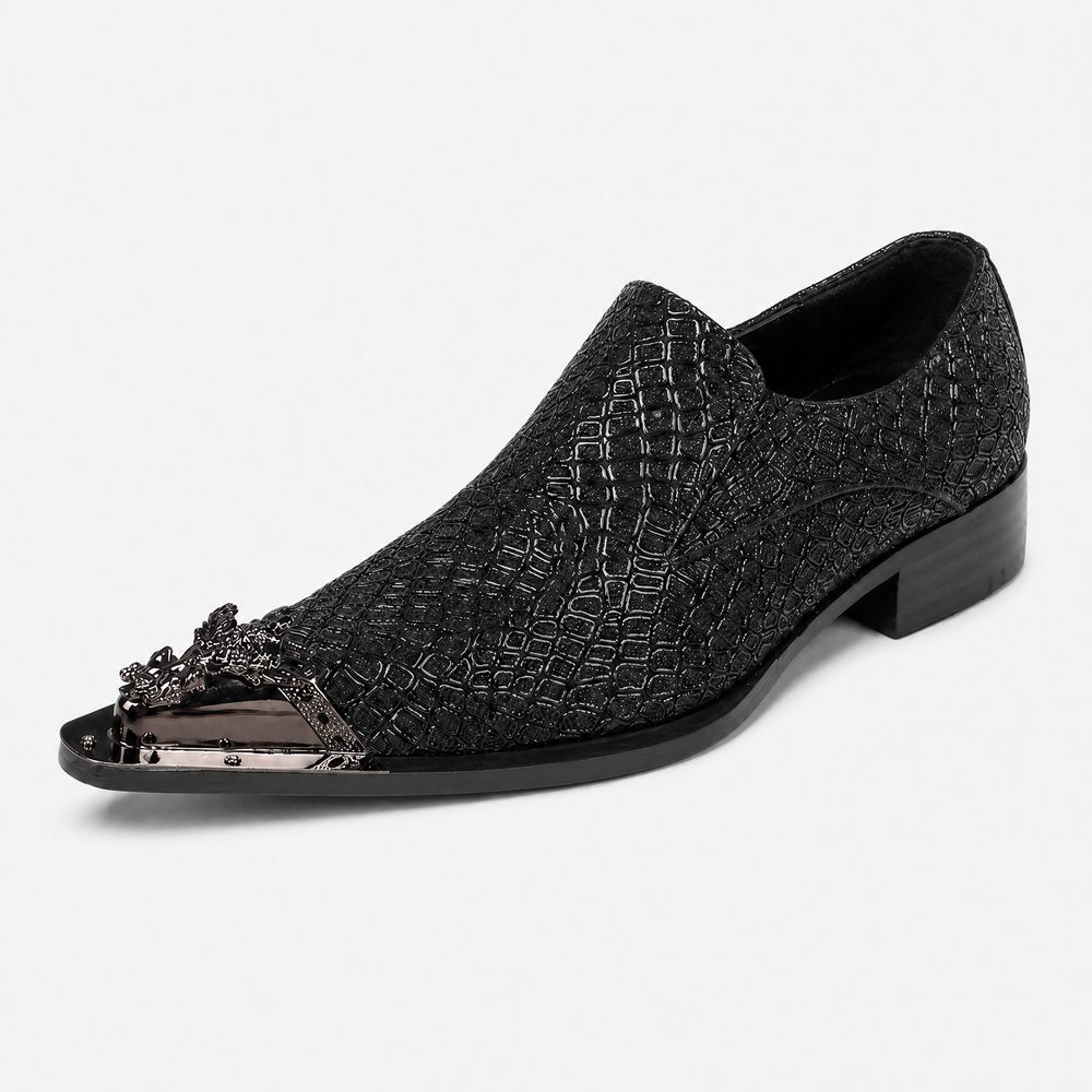 Men's Black Crocodile Textured Metal Toe Slip-On Loafers