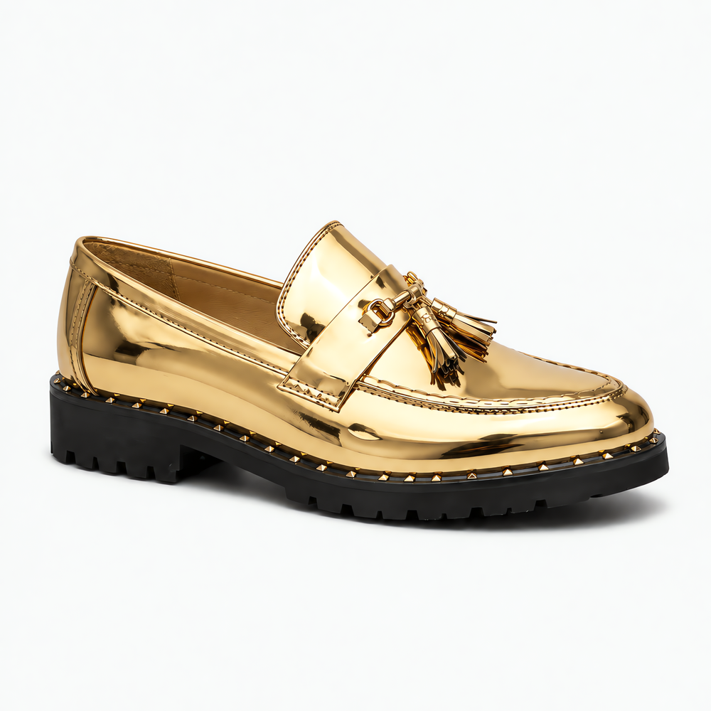 Men's Gold Leather Tassel Loafers with Lug Sole