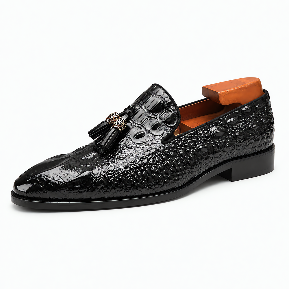 Men's Black Patent Leather Crocodile Embossed Tassel Loafers