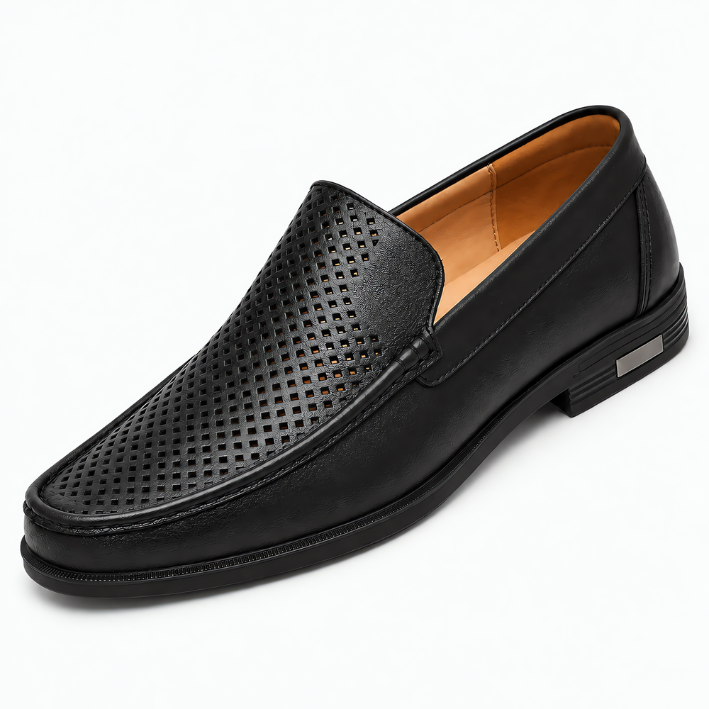 Men's Black Genuine Leather Perforated Slip-On Loafers