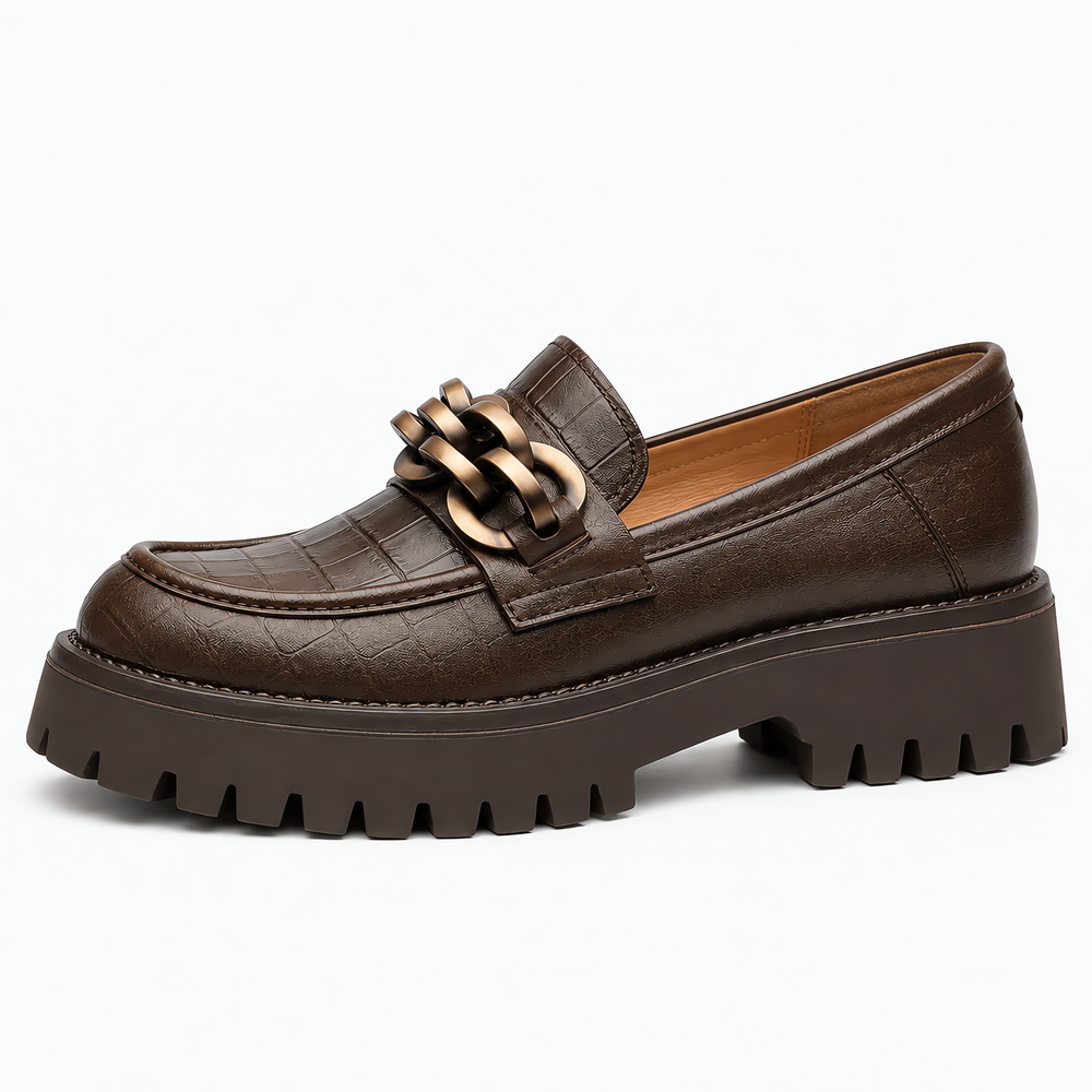 Women's Brown Croc-Embossed Leather Platform Chain Loafers