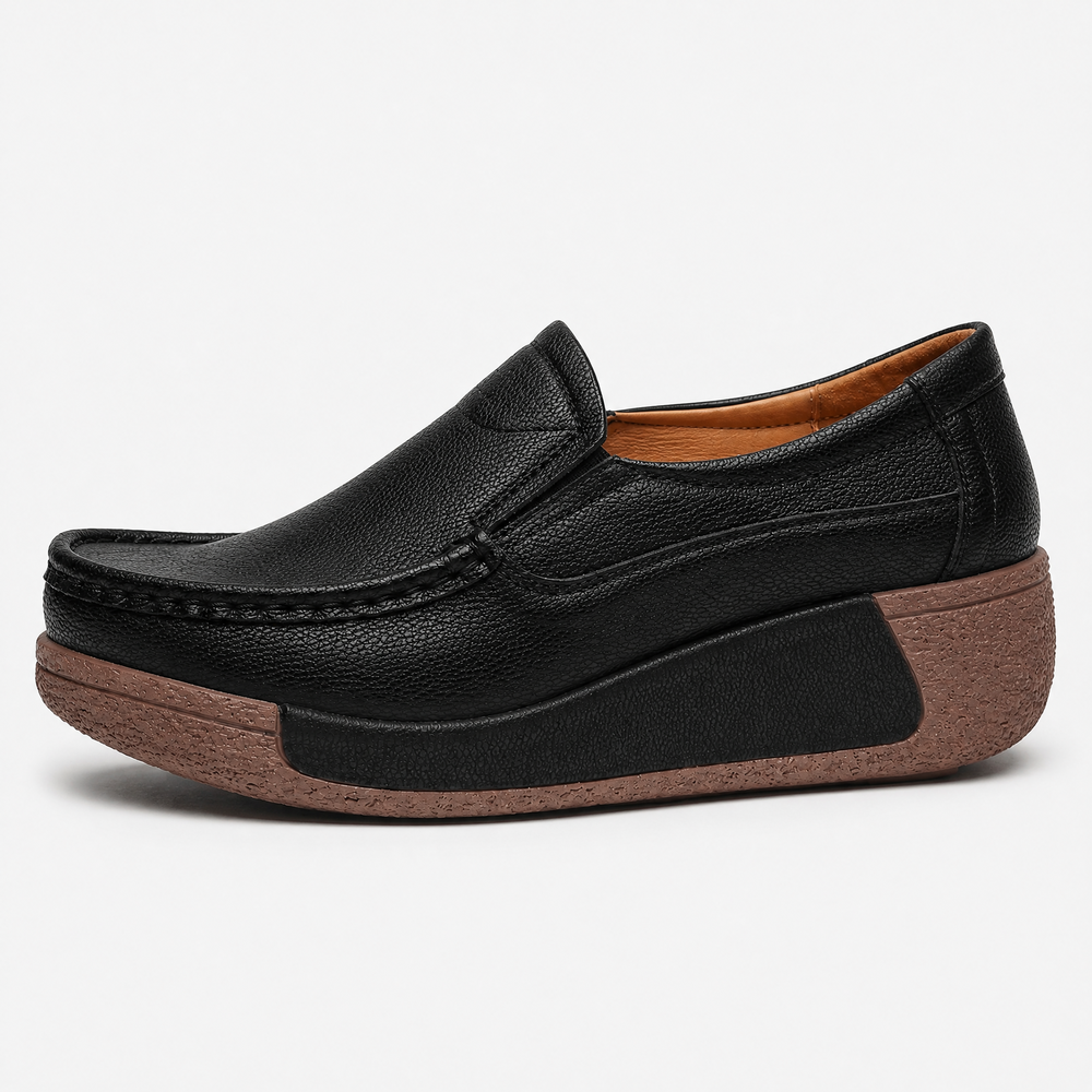 Women's Black Leather Wedge Loafers with Round Toe