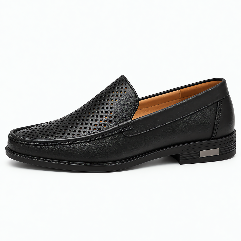 Men's Black Genuine Leather Perforated Slip-On Loafers