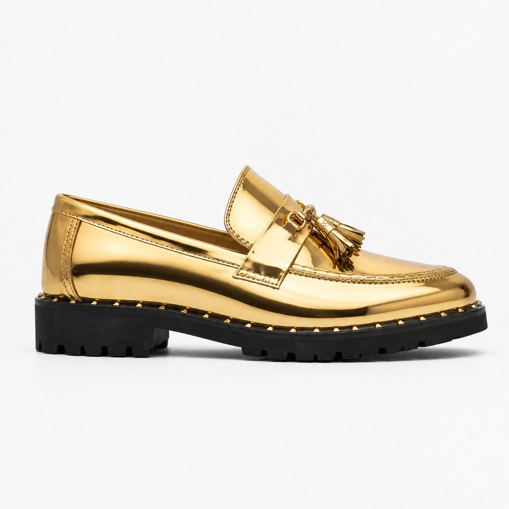 Men's Gold Leather Tassel Loafers with Lug Sole