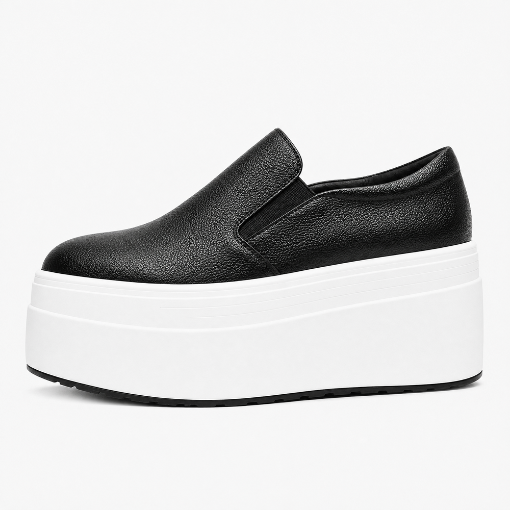 Women's Black Genuine Leather Platform Slip-On Loafers