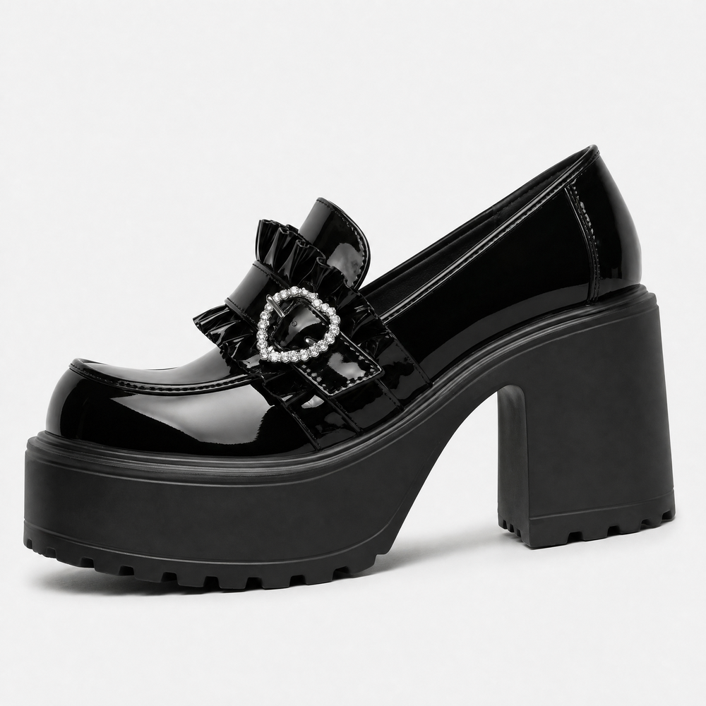 Women’s Black Lolita Platform Loafers with Rhinestone Heart Buckle
