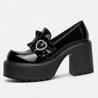 Women’s Black Lolita Platform Loafers with Rhinestone Heart Buckle