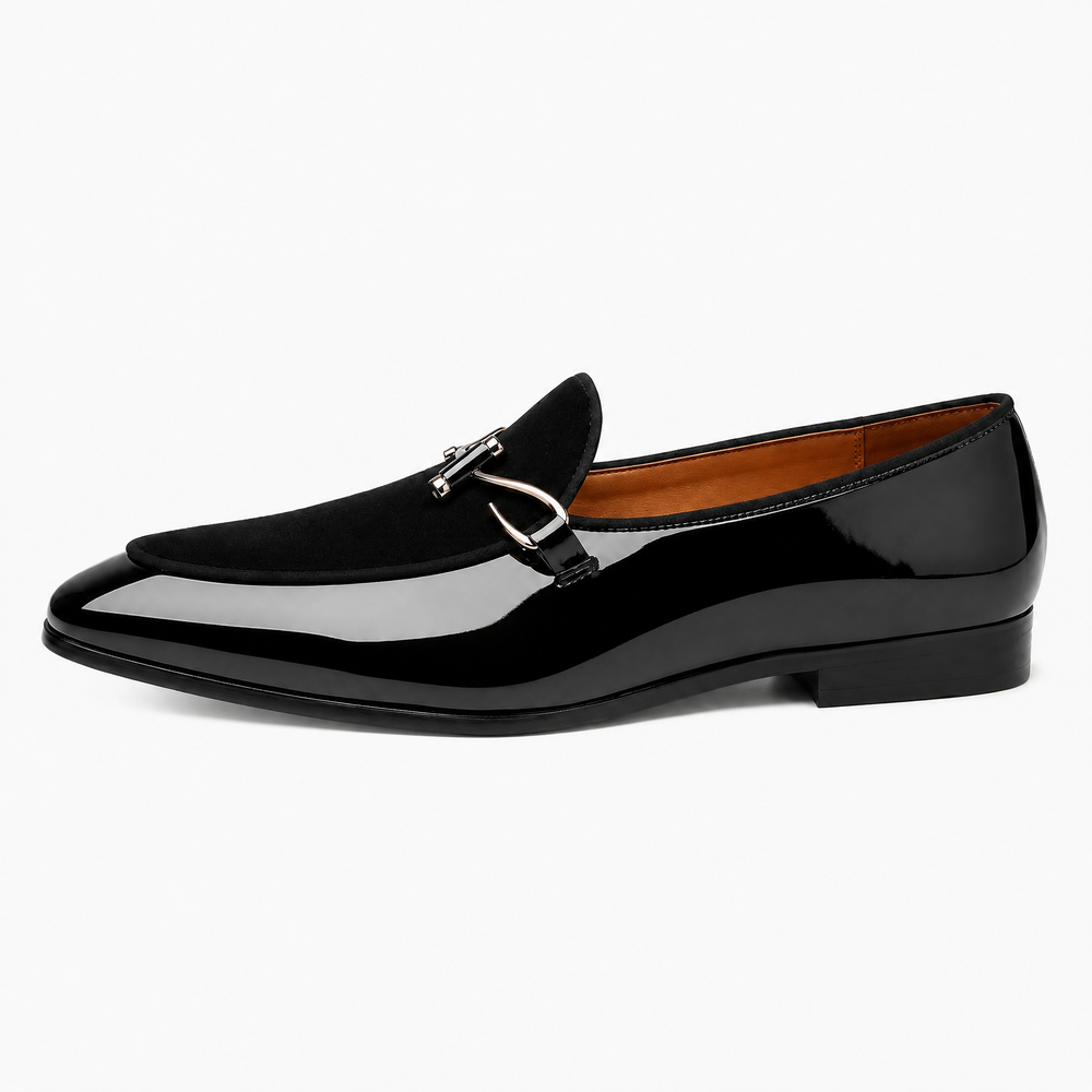 Men's Black Patent Leather Monk Loafers with Metal Bit