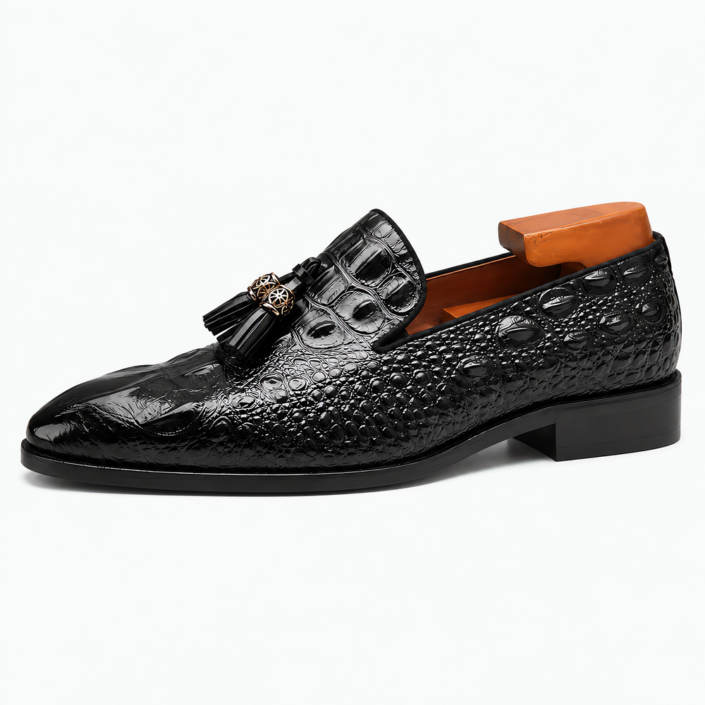 Men's Black Patent Leather Crocodile Embossed Tassel Loafers