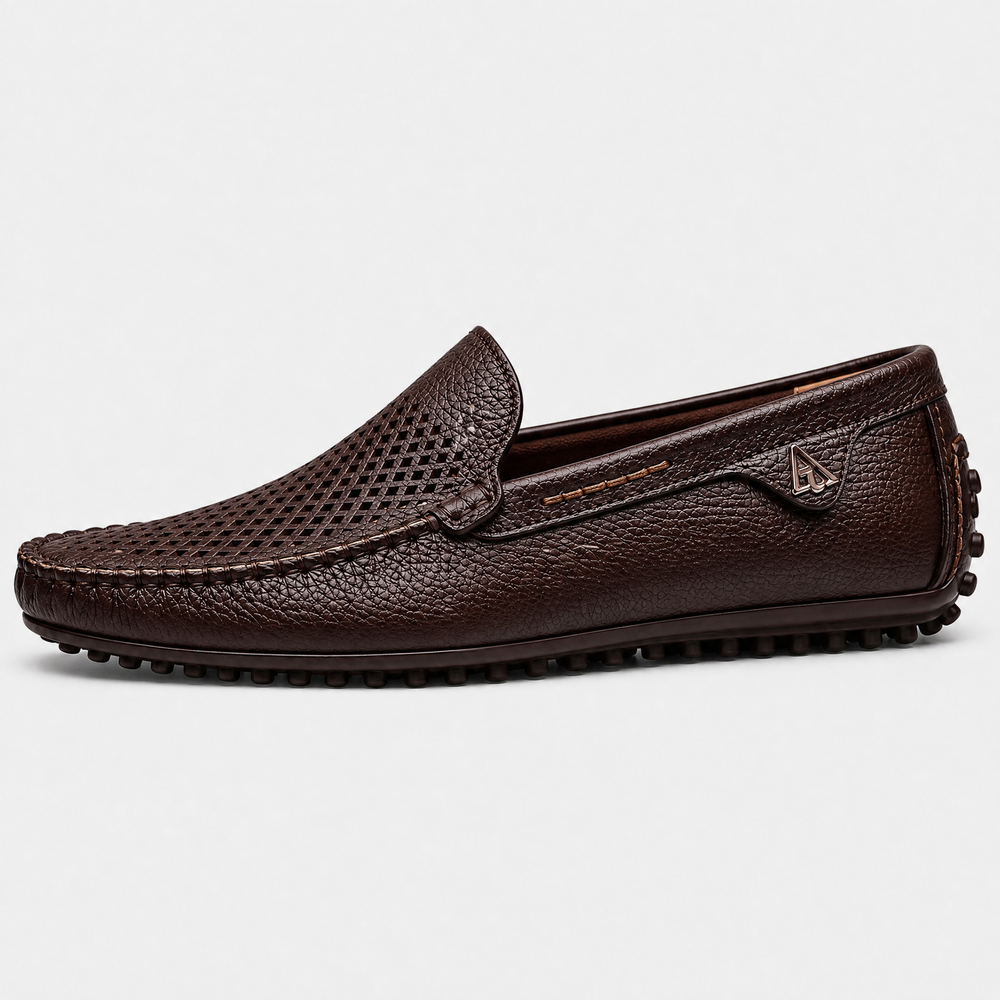 Men's Brown Leather Perforated Slip-On Driving Loafers