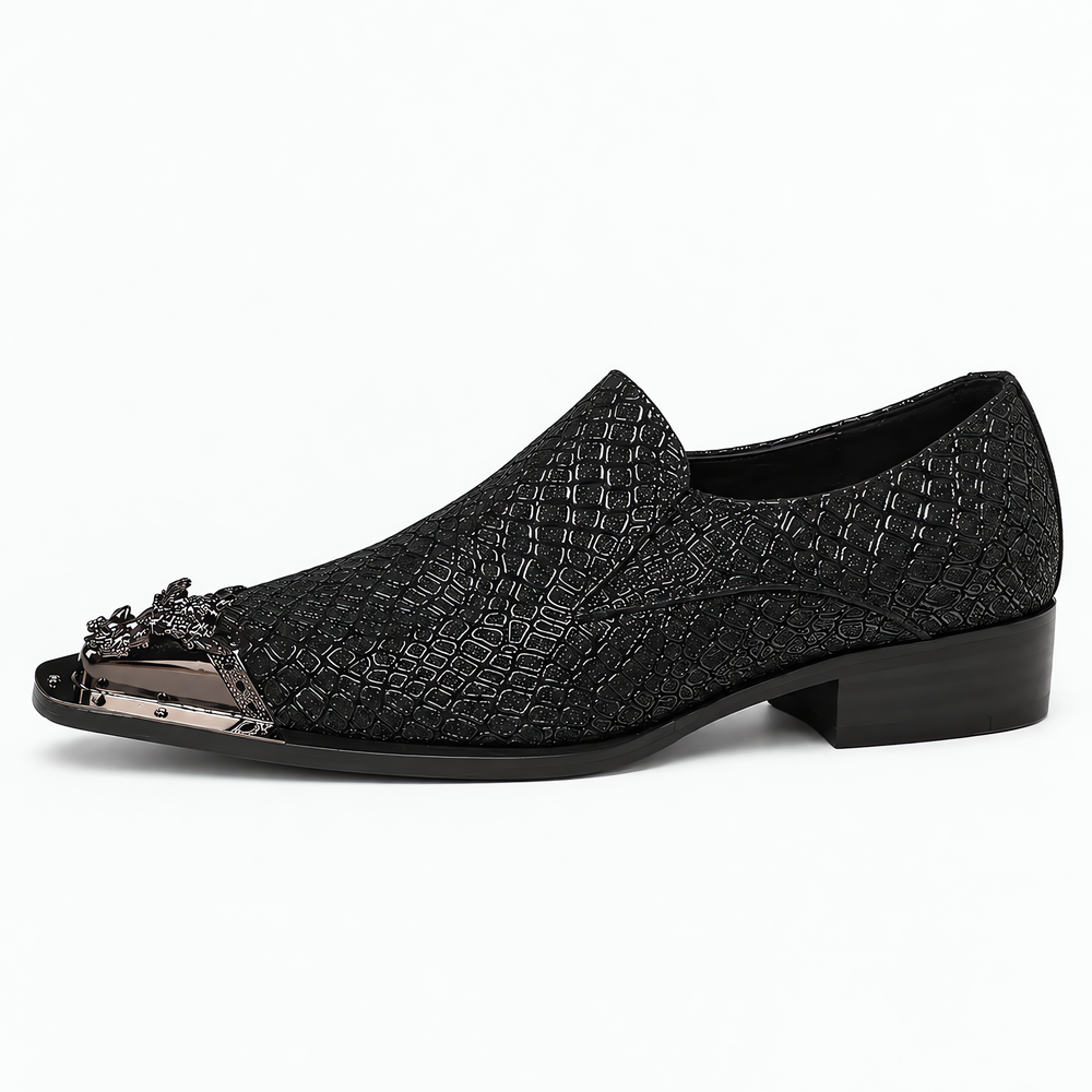 Men's Black Crocodile Textured Metal Toe Slip-On Loafers