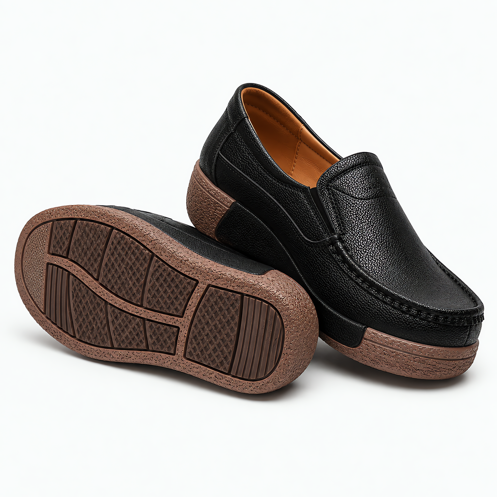 Women's Black Leather Wedge Loafers with Round Toe
