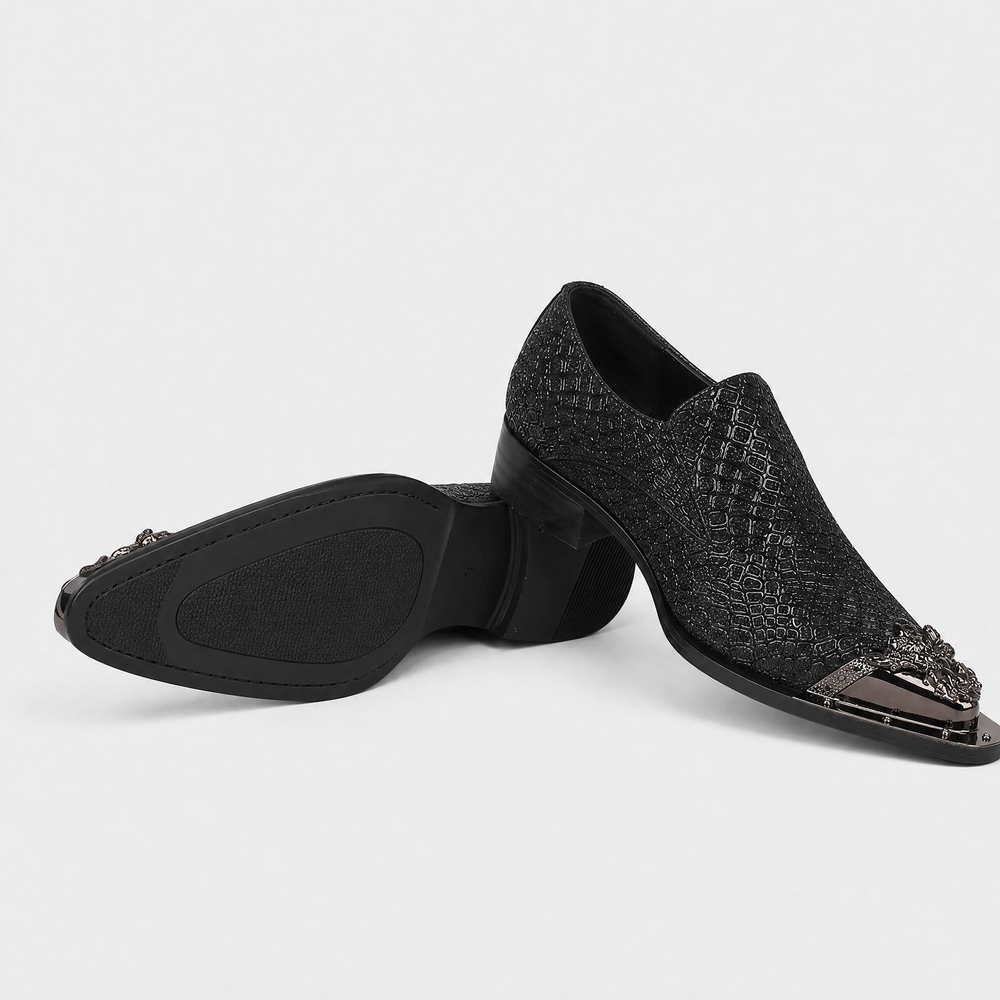 Men's Black Crocodile Textured Metal Toe Slip-On Loafers