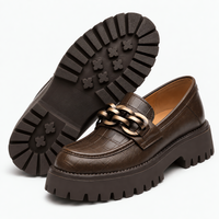 Women's Brown Croc-Embossed Leather Platform Chain Loafers