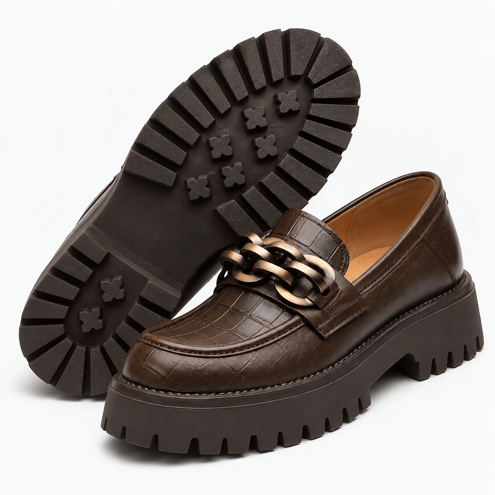 Women's Brown Croc-Embossed Leather Platform Chain Loafers