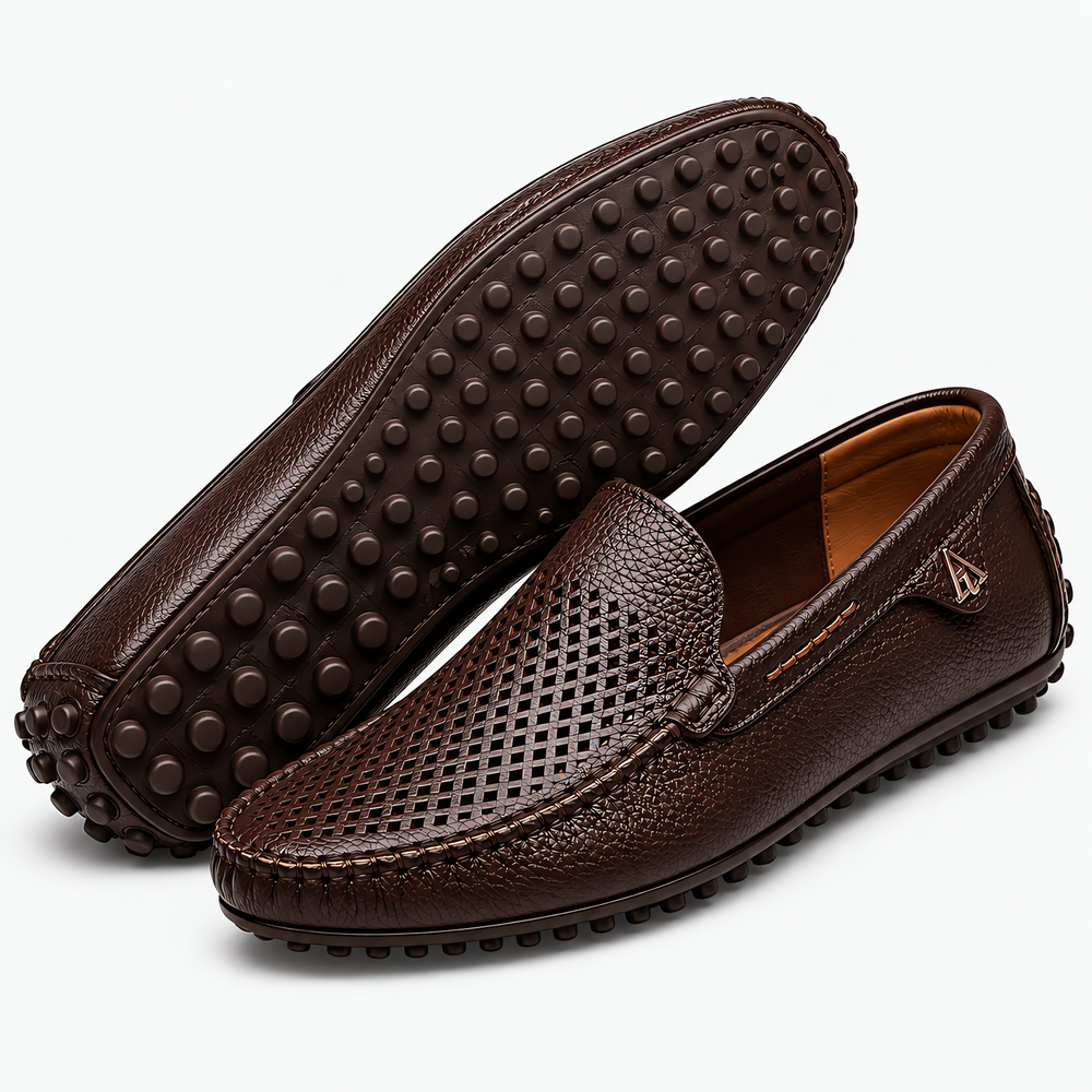 Men's Brown Leather Perforated Slip-On Driving Loafers