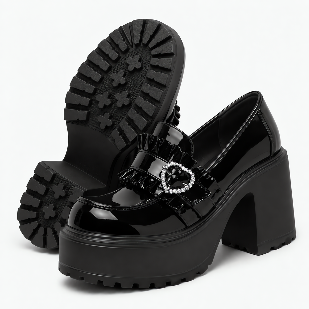 Women’s Black Lolita Platform Loafers with Rhinestone Heart Buckle