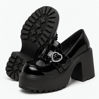Women’s Black Lolita Platform Loafers with Rhinestone Heart Buckle