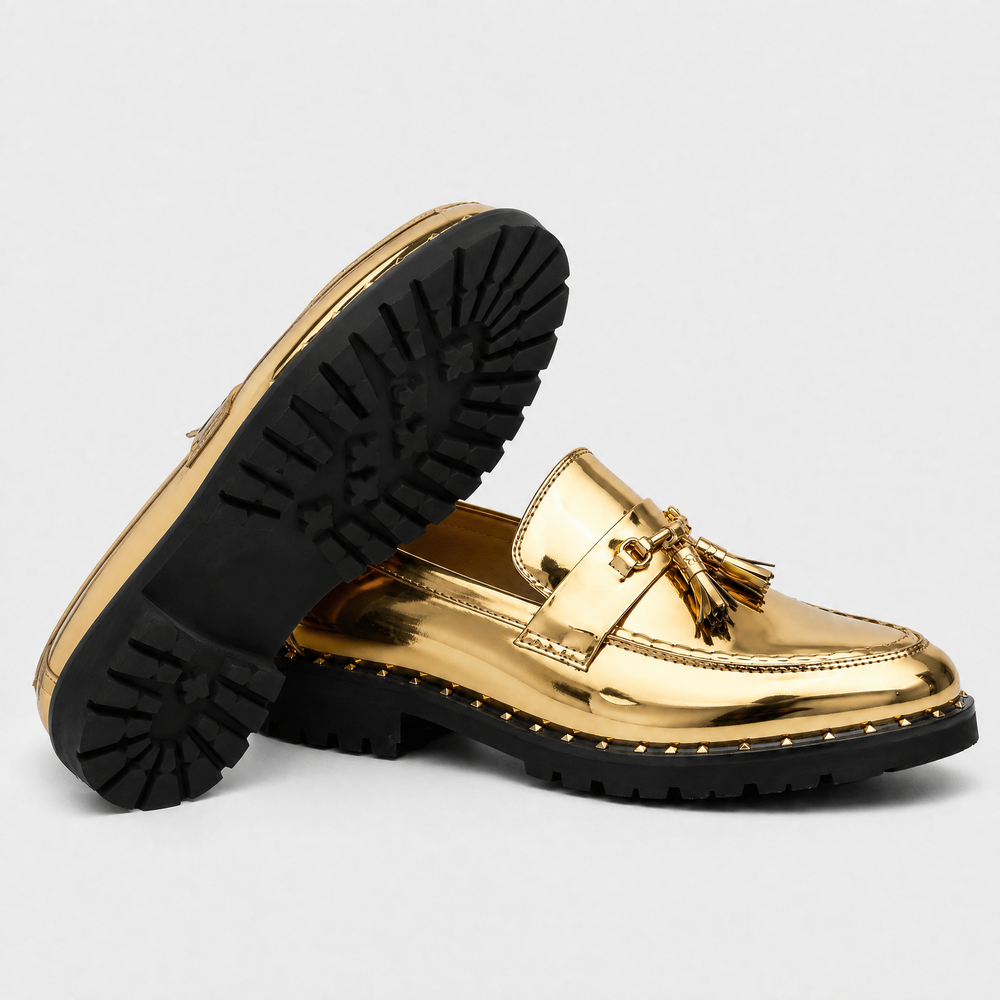 Men's Gold Leather Tassel Loafers with Lug Sole