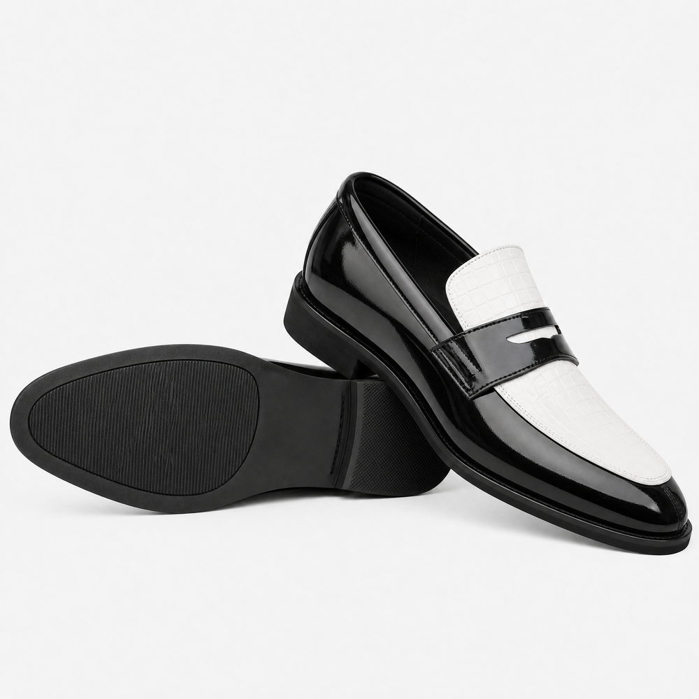Men's Black & White Croc Pattern Mixed Leather Penny Loafers