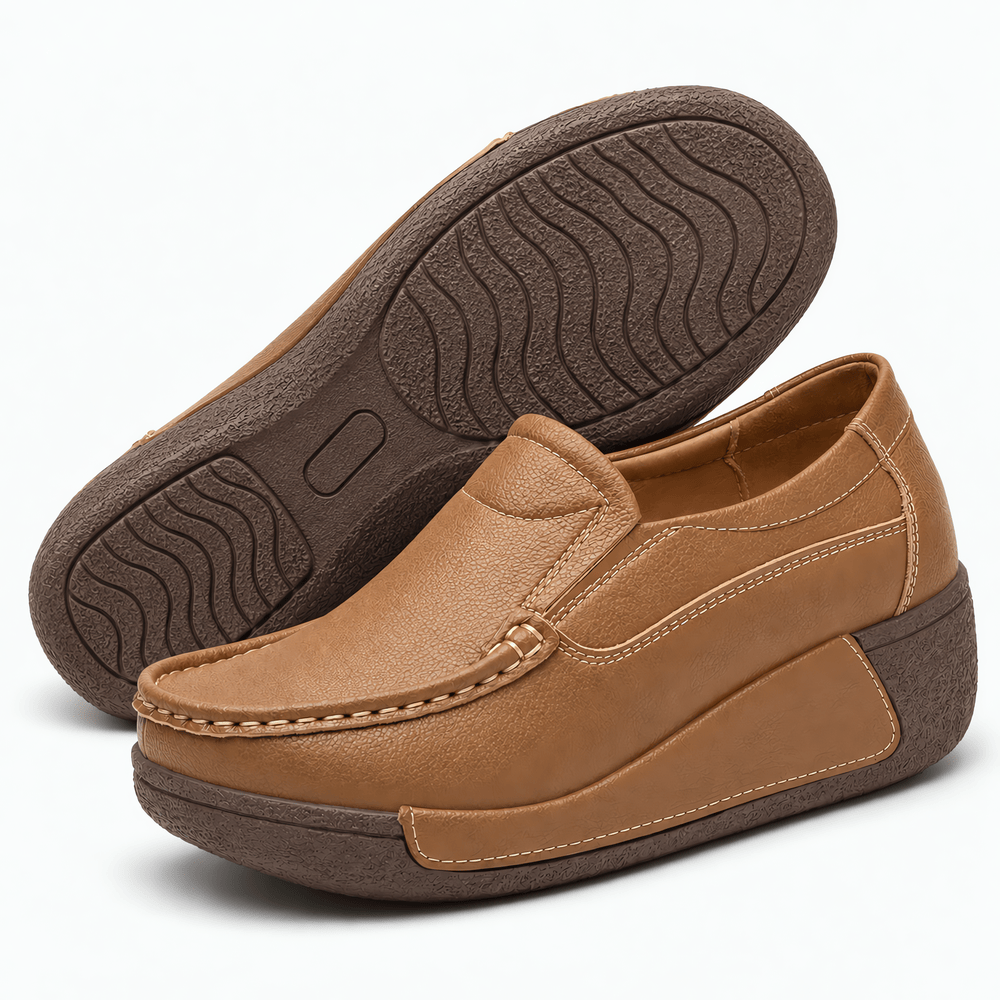 Gentry Morris Women's Brown Genuine Leather Wedge Loafers, Round Toe Slip-On