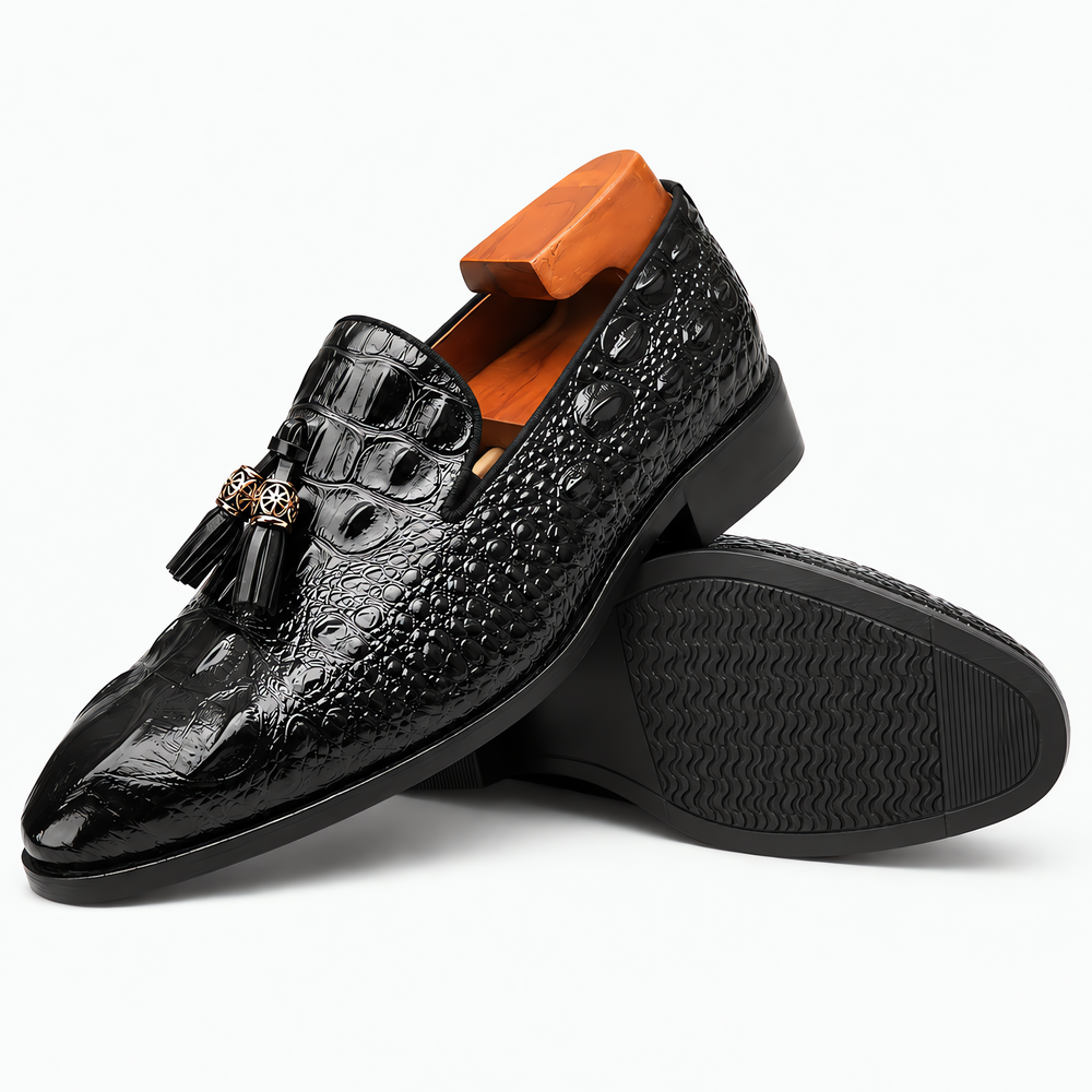 Men's Black Patent Leather Crocodile Embossed Tassel Loafers