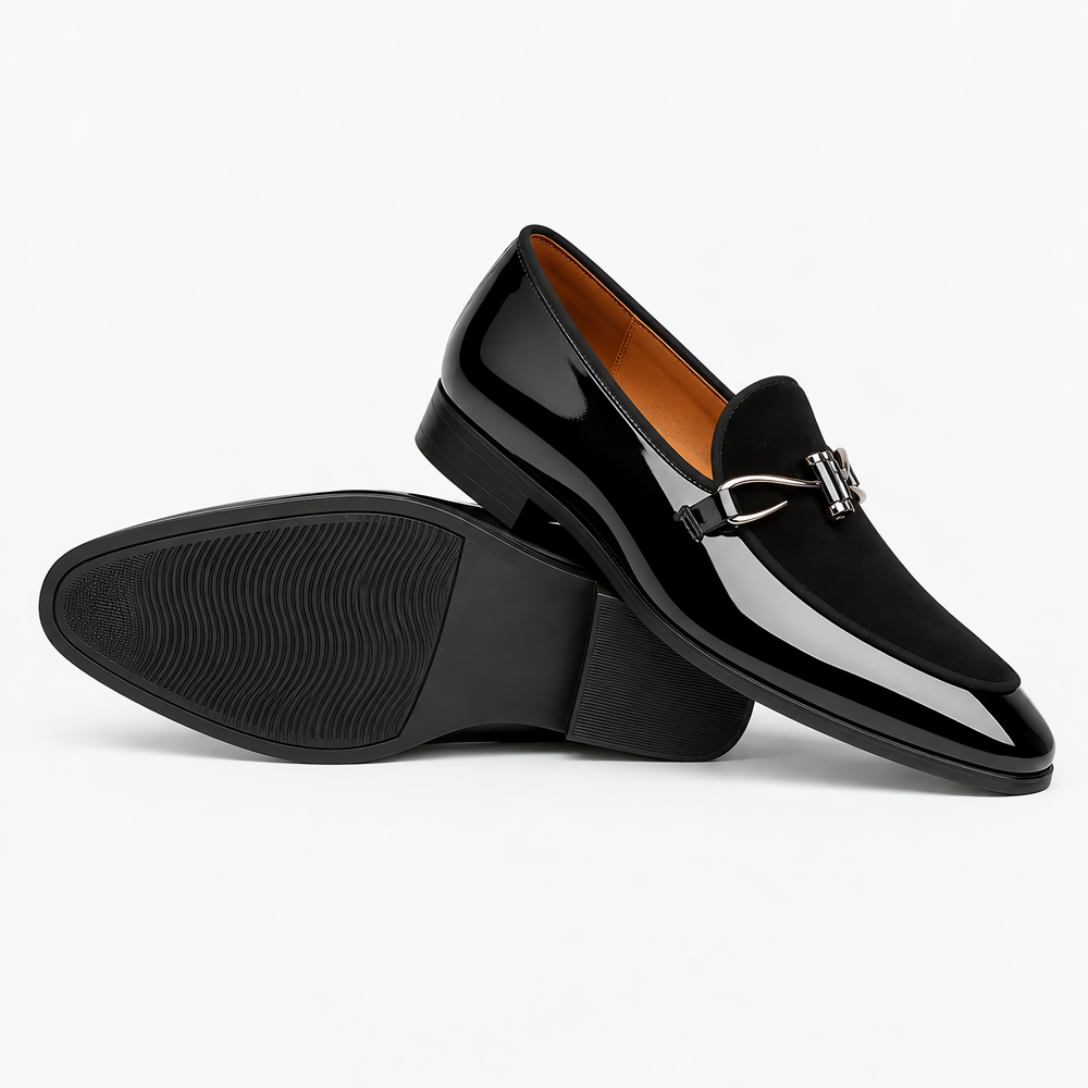 Men's Black Patent Leather Monk Loafers with Metal Bit
