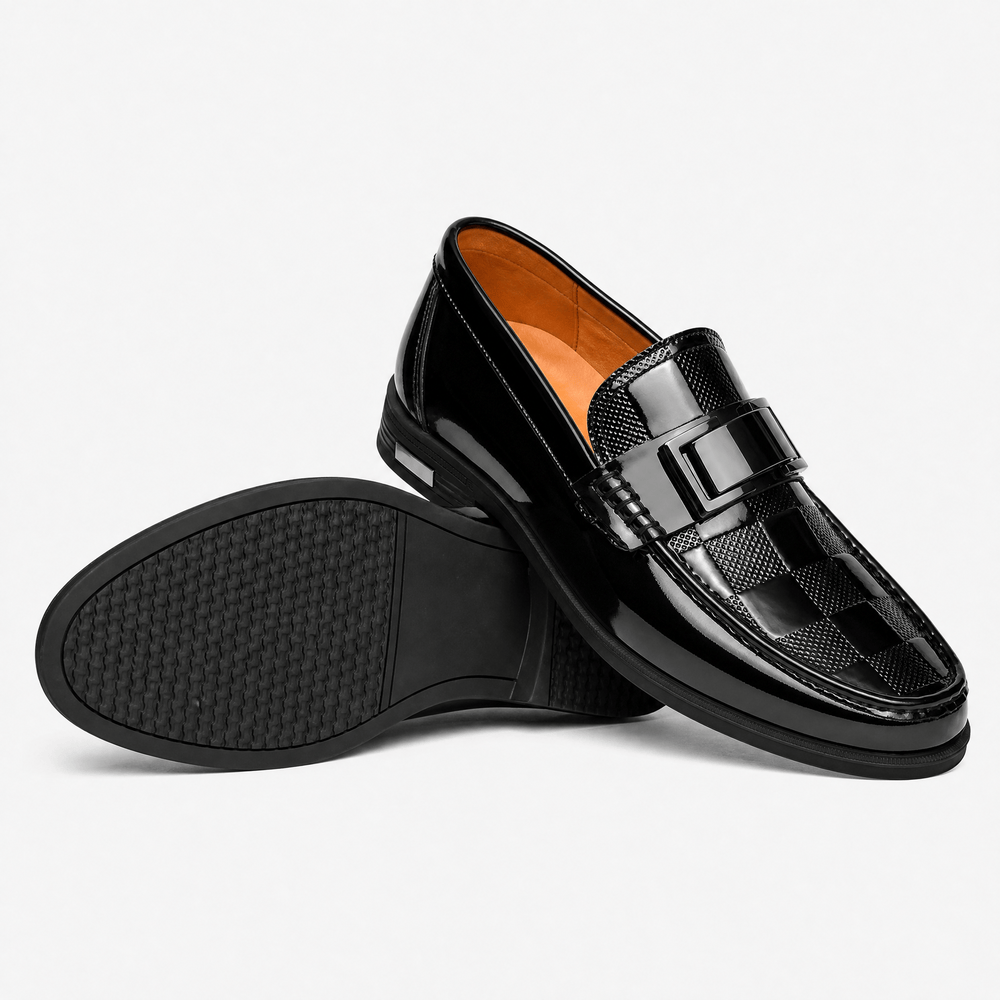 Gentry Morris Men's Black Patent Leather Slip-On Loafers with Checkerboard Vamp