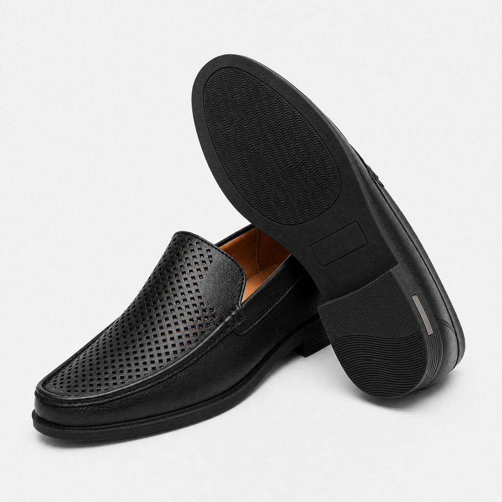 Men's Black Genuine Leather Perforated Slip-On Loafers