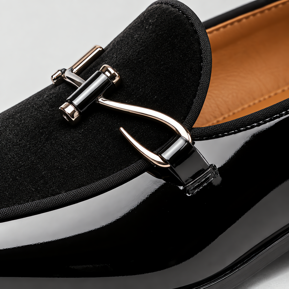 Men's Black Patent Leather Monk Loafers with Metal Bit